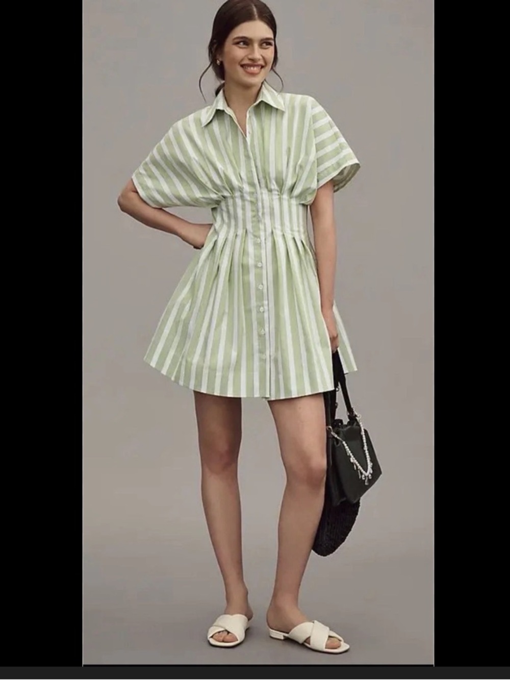 Anthropologie Light Green and White Striped Mini Shirt Dress